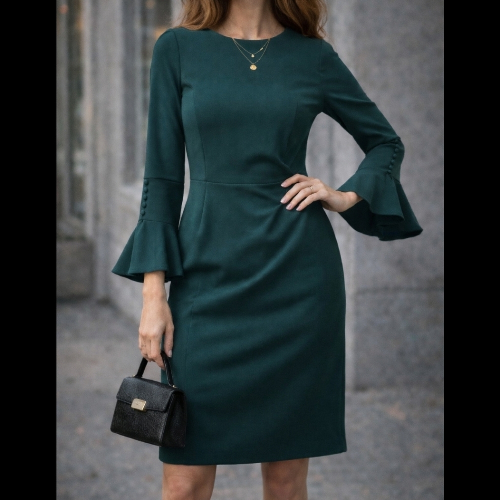 Calvin Klein Forest Green Chiffon Bell Sleeve Sheath Dress - Size 10